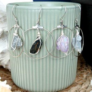 BOGO EARRINGS Raw Crystal Dangle Hoop Earrings, Assorted Gemstones